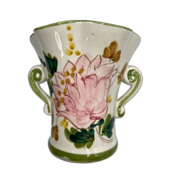 Handpainted in Portugal Vase in Pink, Green, Cream Two Handles Gorgeous! - Picture 5 of 7